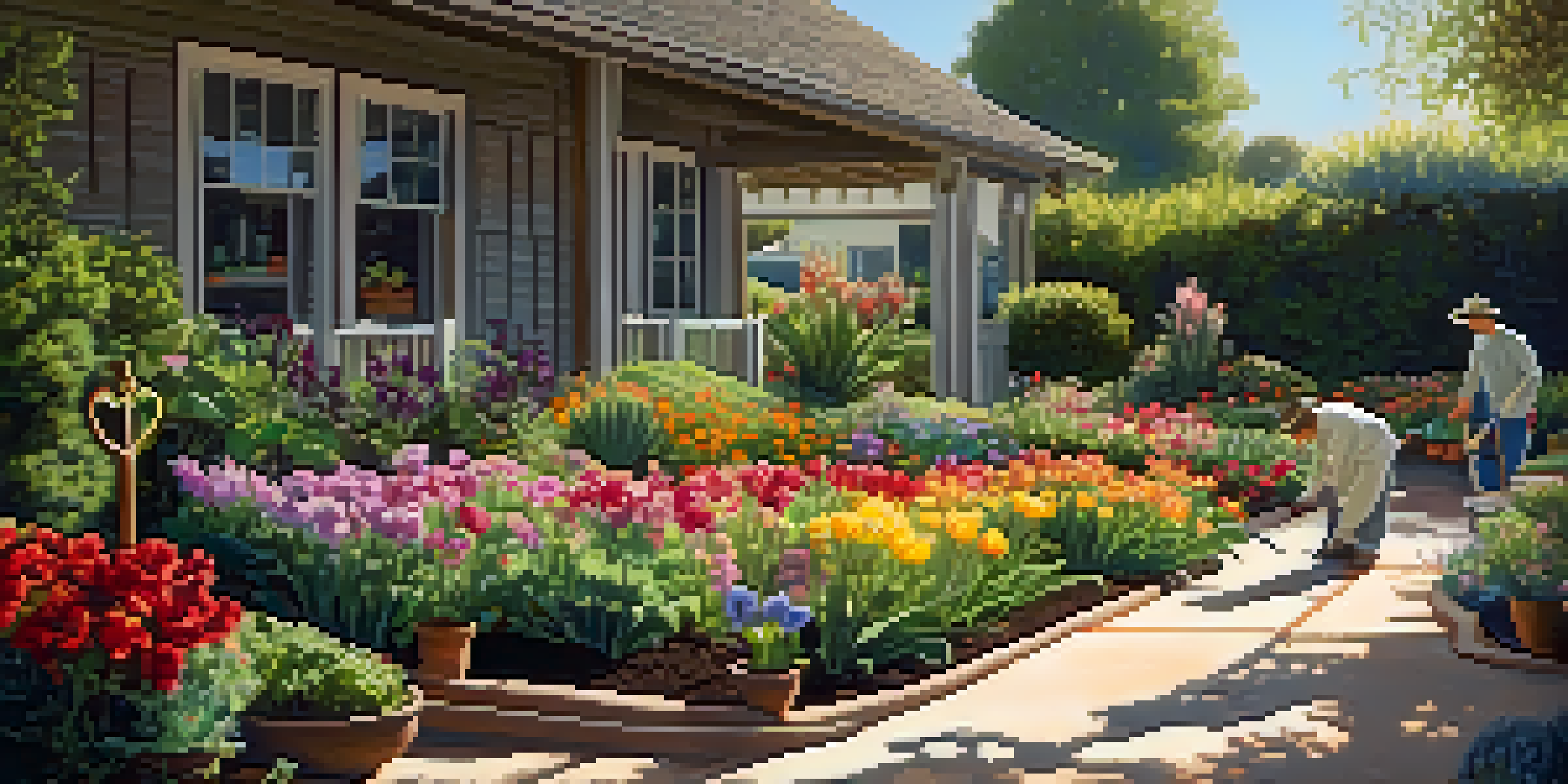 A gardener planting seedlings in a vibrant flower garden with sunlight filtering through the leaves.
