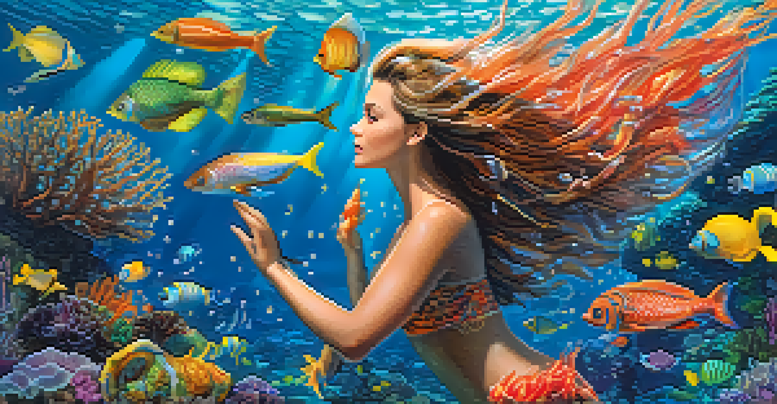 An underwater scene with a mermaid exploring a colorful coral reef, surrounded by vibrant marine life.