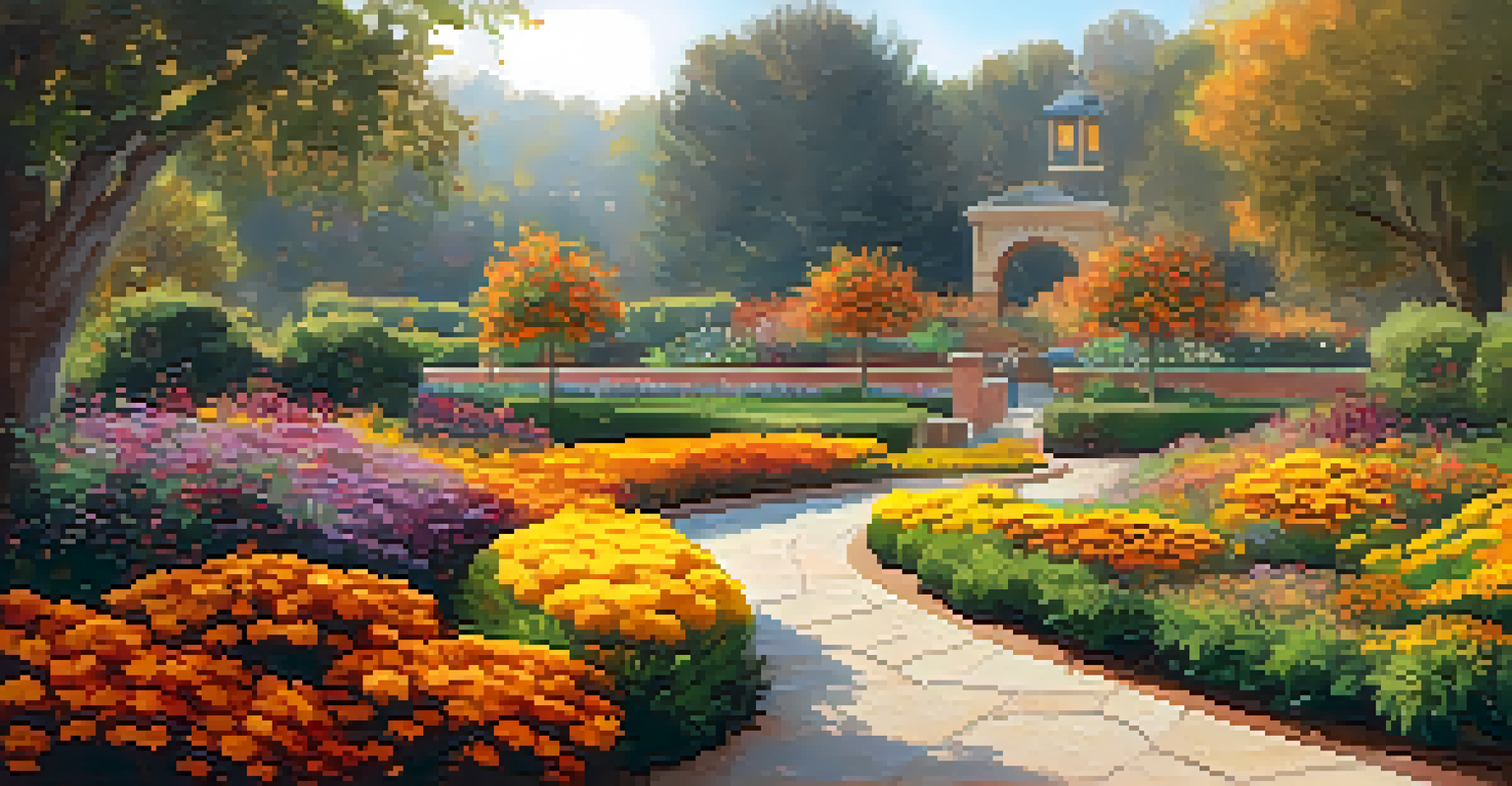 A tranquil autumn scene in Carlsbad's gardens showcasing warm colors of marigolds and chrysanthemums with visitors enjoying the scenery.