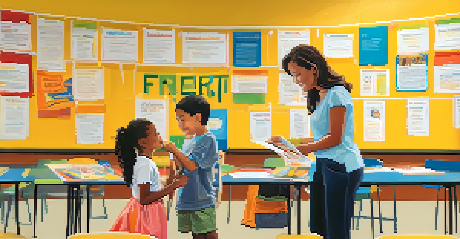 A parent and child in a school auditorium discussing extracurricular activities, with colorful banners and brochures around them.