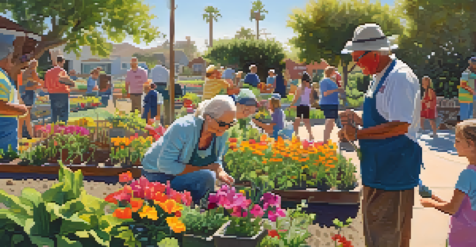 A community gardening event in Carlsbad with people planting flowers and plants under bright sunlight.