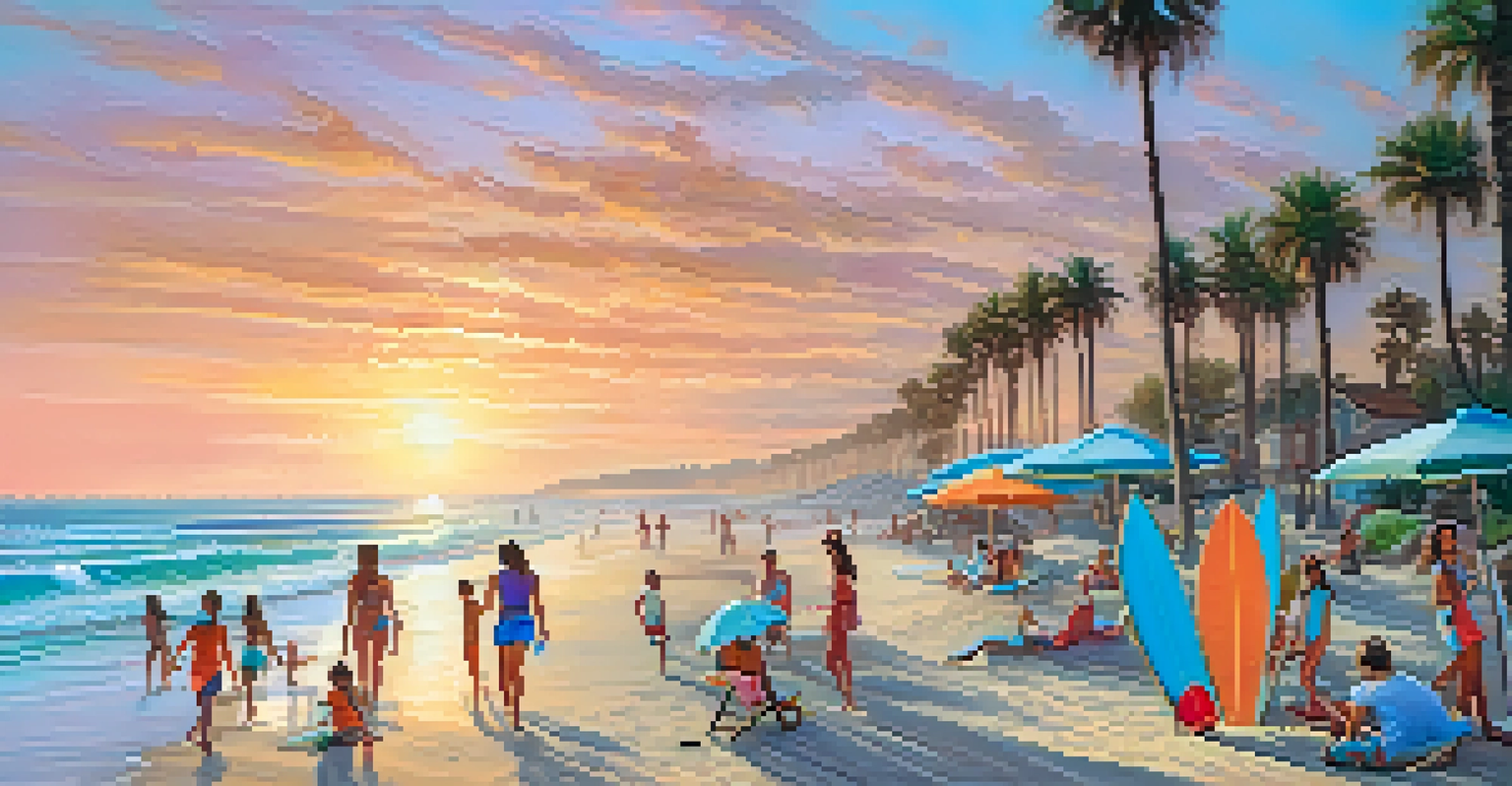 People enjoying a sunny day at the beach in Carlsbad, with golden sand and a colorful sunset.