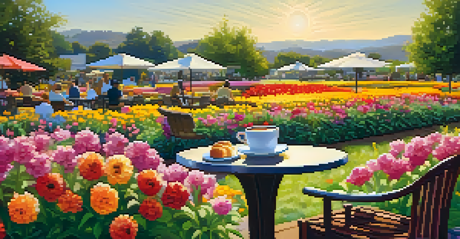 An outdoor café scene with customers enjoying floral-infused coffee amidst vibrant flower fields, with a table displaying coffee cups and pastries.