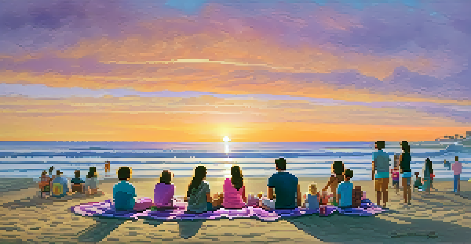 Families gathered on the beach for a sunset picnic, with blankets spread out and snacks laid out, against a vibrant sunset sky.