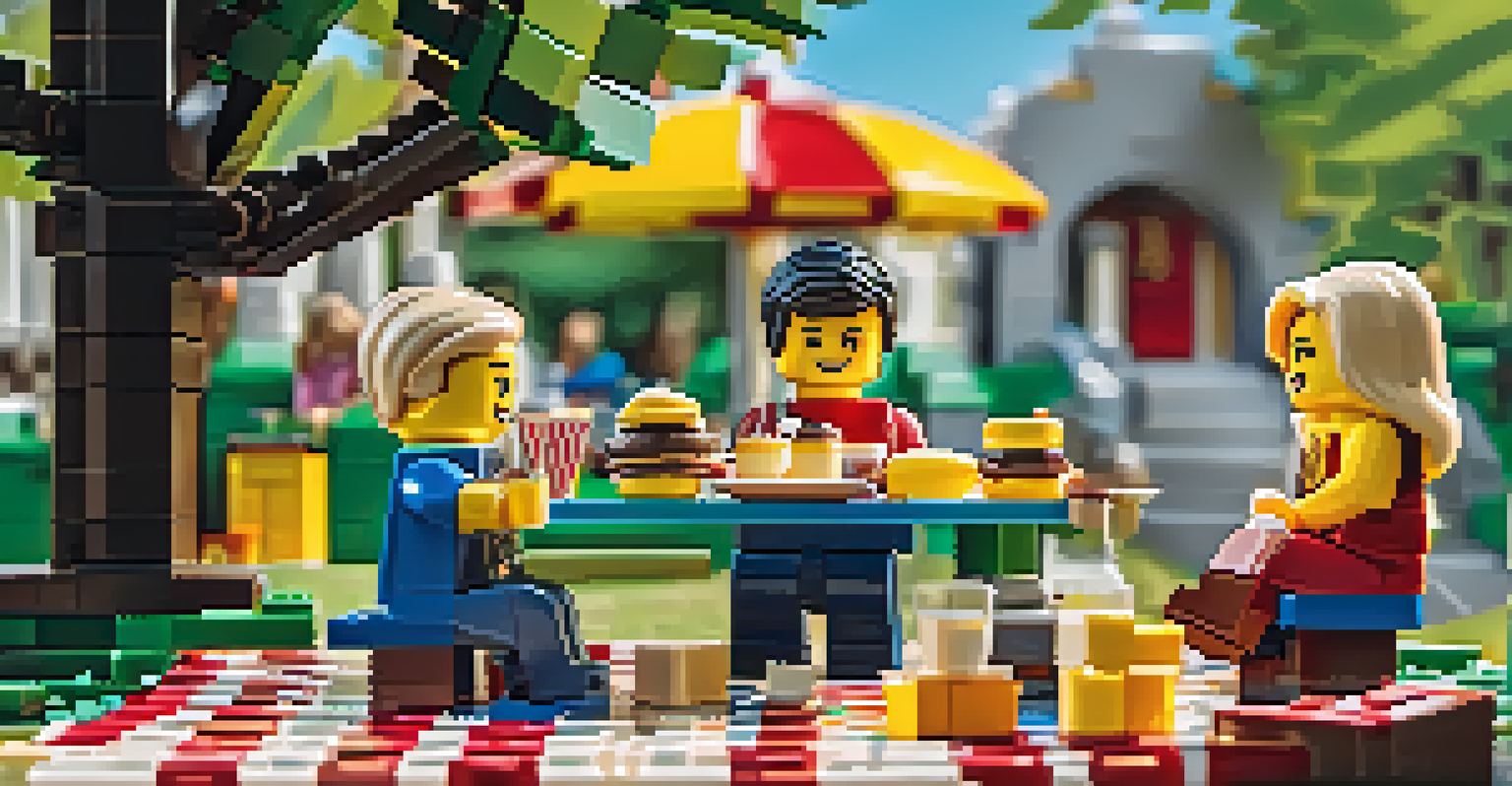 A family having a picnic under a tree at Legoland, with the Miniland USA exhibit featuring intricate LEGO buildings in the background.
