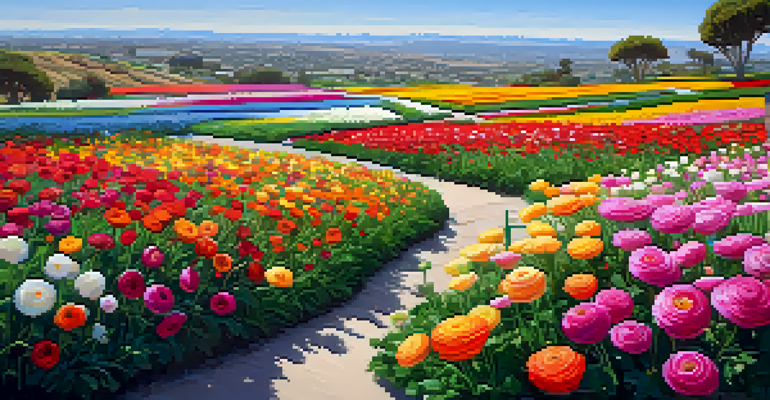 A colorful landscape of blooming ranunculus flowers in the Carlsbad Flower Fields with visitors enjoying the scenery.