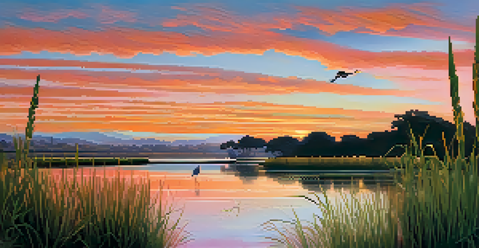 A sunset view of Batiquitos Lagoon with a heron standing by the water and migratory birds flying in the distance.