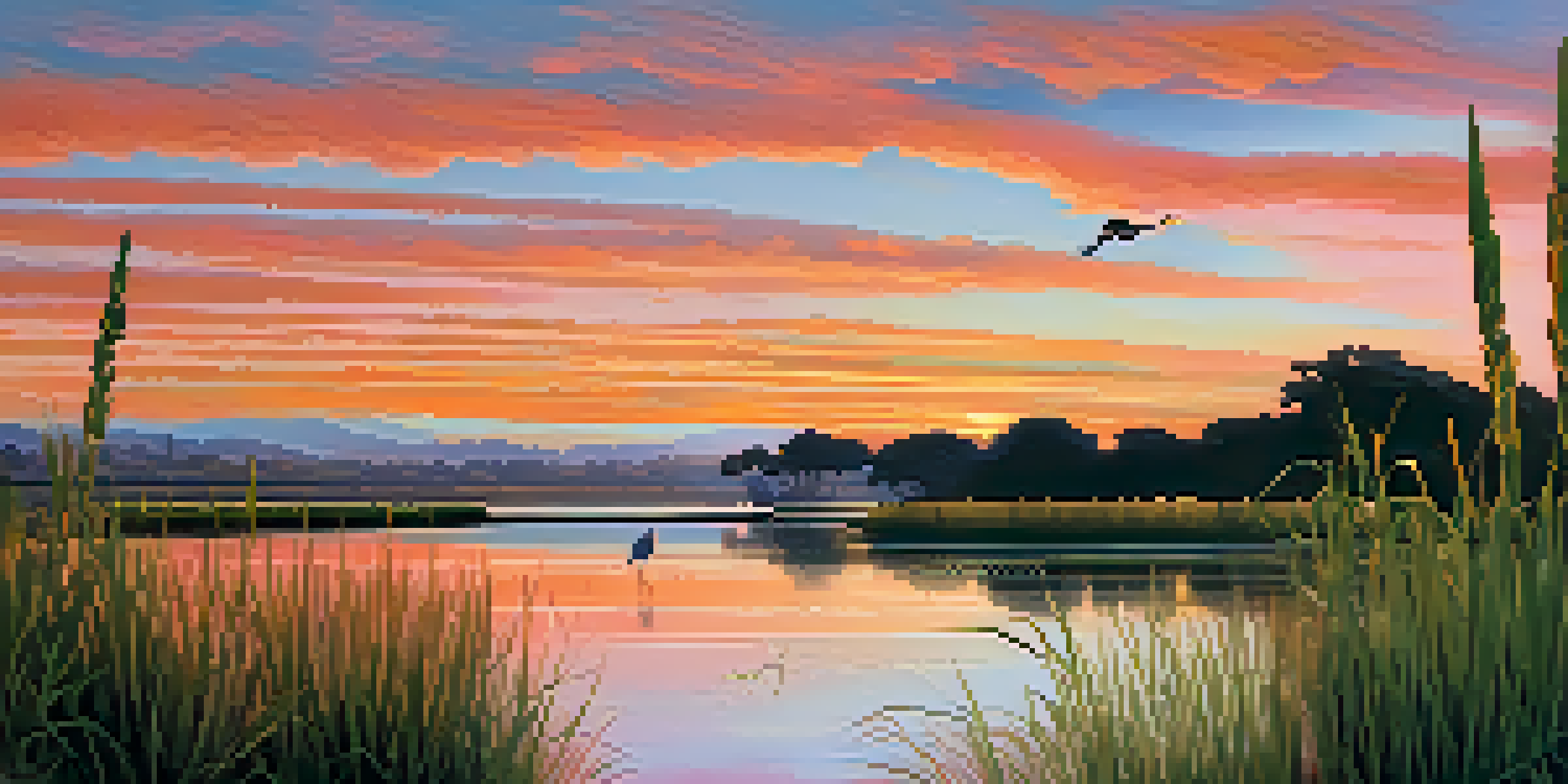 A sunset view of Batiquitos Lagoon with a heron standing by the water and migratory birds flying in the distance.