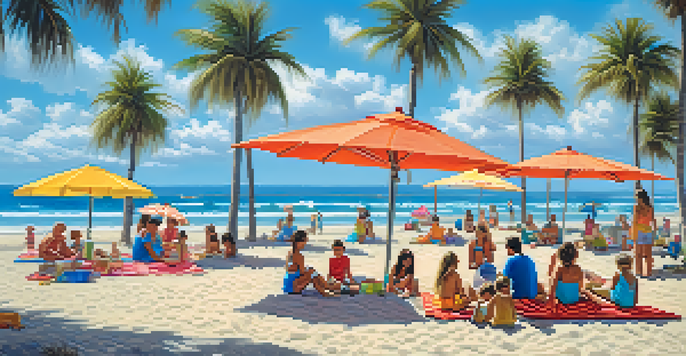 A family-friendly beach scene in Carlsbad Village with children building sandcastles and parents relaxing under umbrellas.