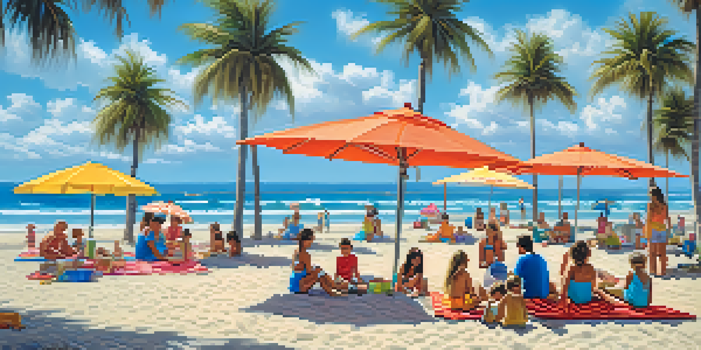 A family-friendly beach scene in Carlsbad Village with children building sandcastles and parents relaxing under umbrellas.