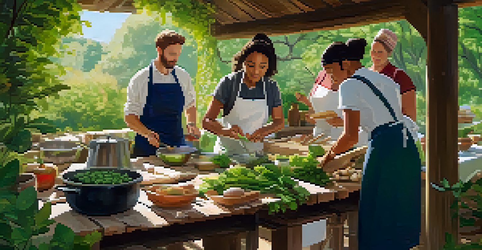 A group of people attending an outdoor cooking class in a garden, surrounded by greenery and a rustic wooden table.