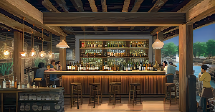 A warm and inviting distillery tasting room with people enjoying craft spirits and local artwork on the walls.