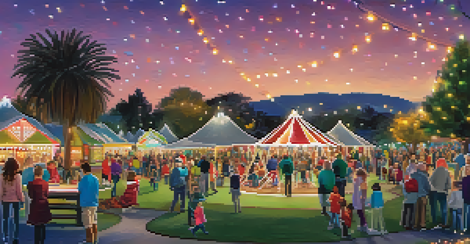 Families enjoying holiday activities in a community park illuminated with colorful lights.