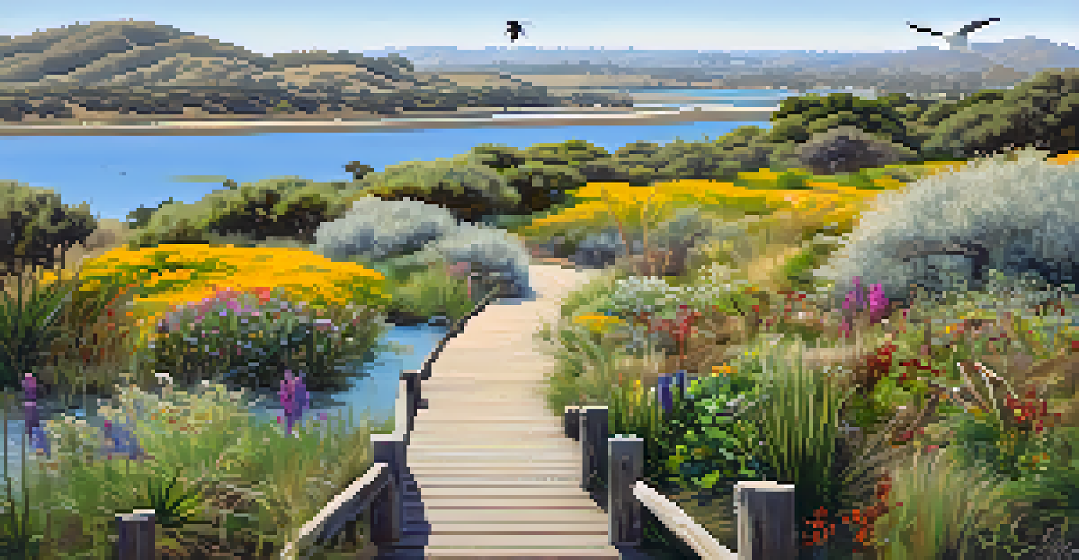 A picturesque view of Batiquitos Lagoon with a walking path, wildflowers, and birds.