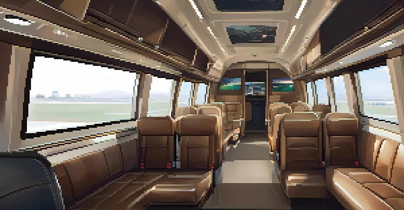 Interior of a luxury airport shuttle with leather seats and a driver outside.