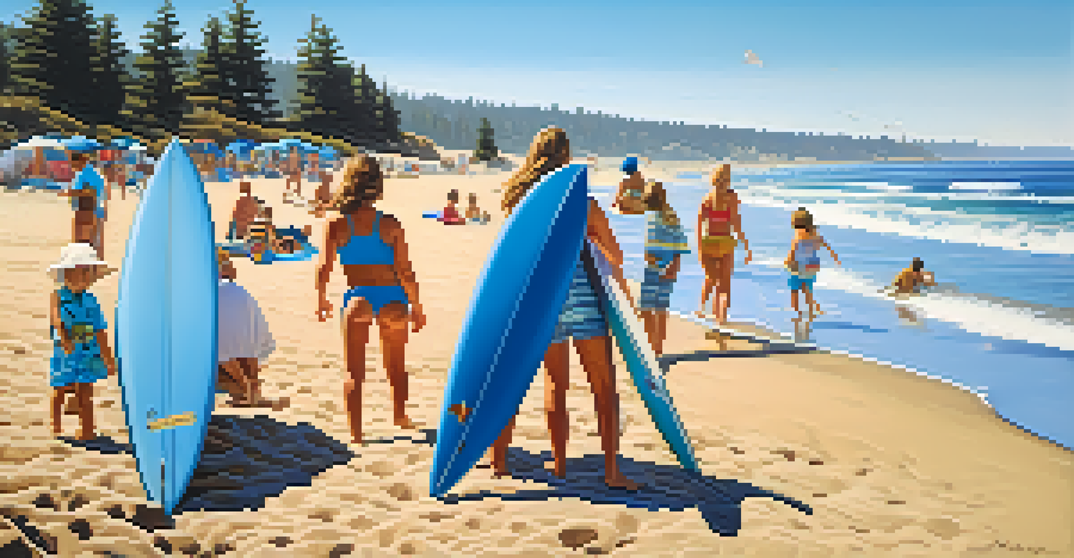 Surfers riding waves at Tamarack Beach, with families enjoying the sun and colorful beach towels.