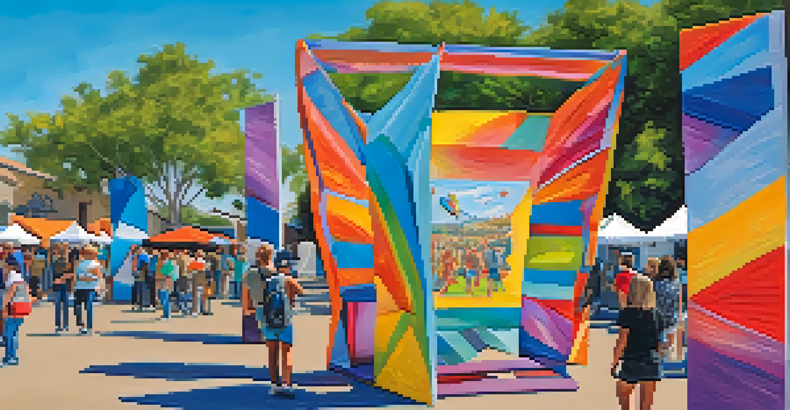 Visitors interacting with vibrant sculptures made of recycled materials at an art festival in Carlsbad, California.