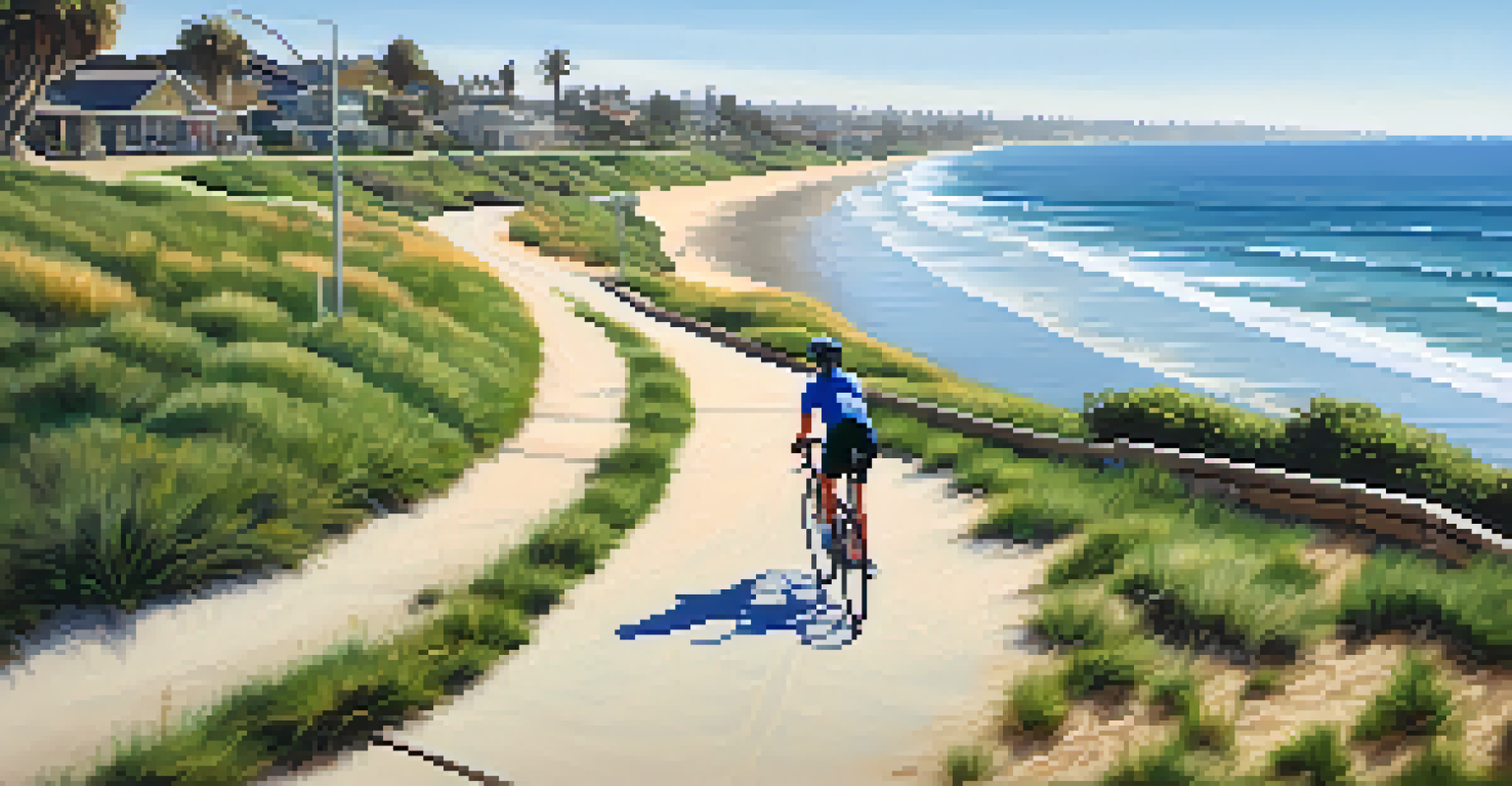A cyclist riding along a coastal path with sandy beaches and parks, under a sunny sky.
