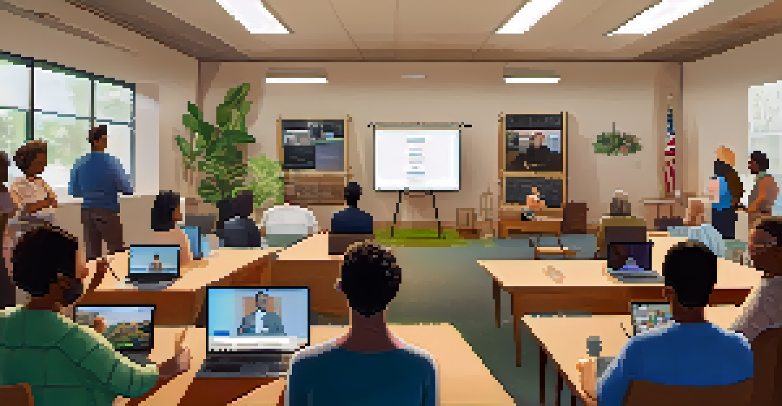A split-screen of an in-person community meeting and virtual participants joining from home.