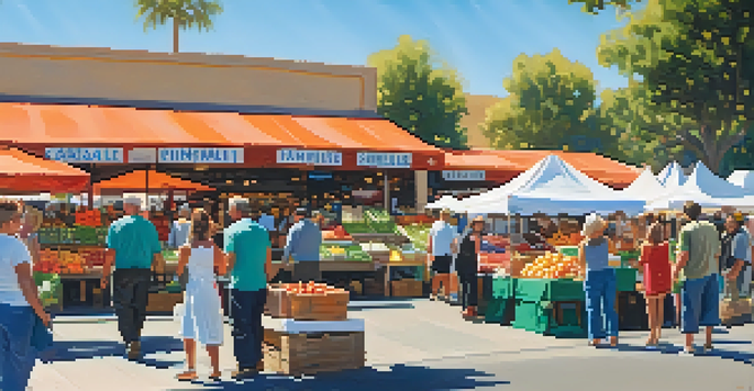 A lively farmers market filled with colorful fruits and vegetables, with families enjoying the atmosphere and interacting with vendors.