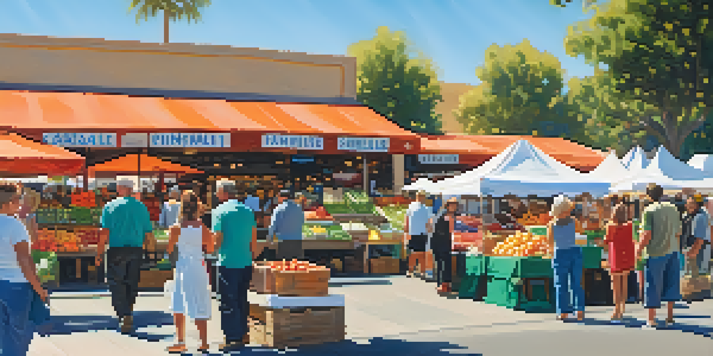 A lively farmers market filled with colorful fruits and vegetables, with families enjoying the atmosphere and interacting with vendors.