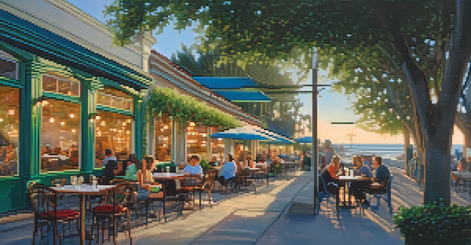 Outdoor dining scene at a restaurant in Carlsbad's Historic Downtown with colorful table settings, diners, and historic buildings in the background.
