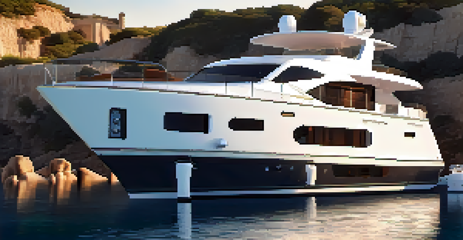 A luxury yacht anchored in a cove, with a couple enjoying a picnic as the sun sets over Carlsbad's coastline.