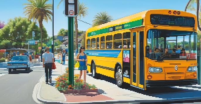 A sunny bus stop in Carlsbad with diverse people waiting, a colorful bus, trees, and a route map.
