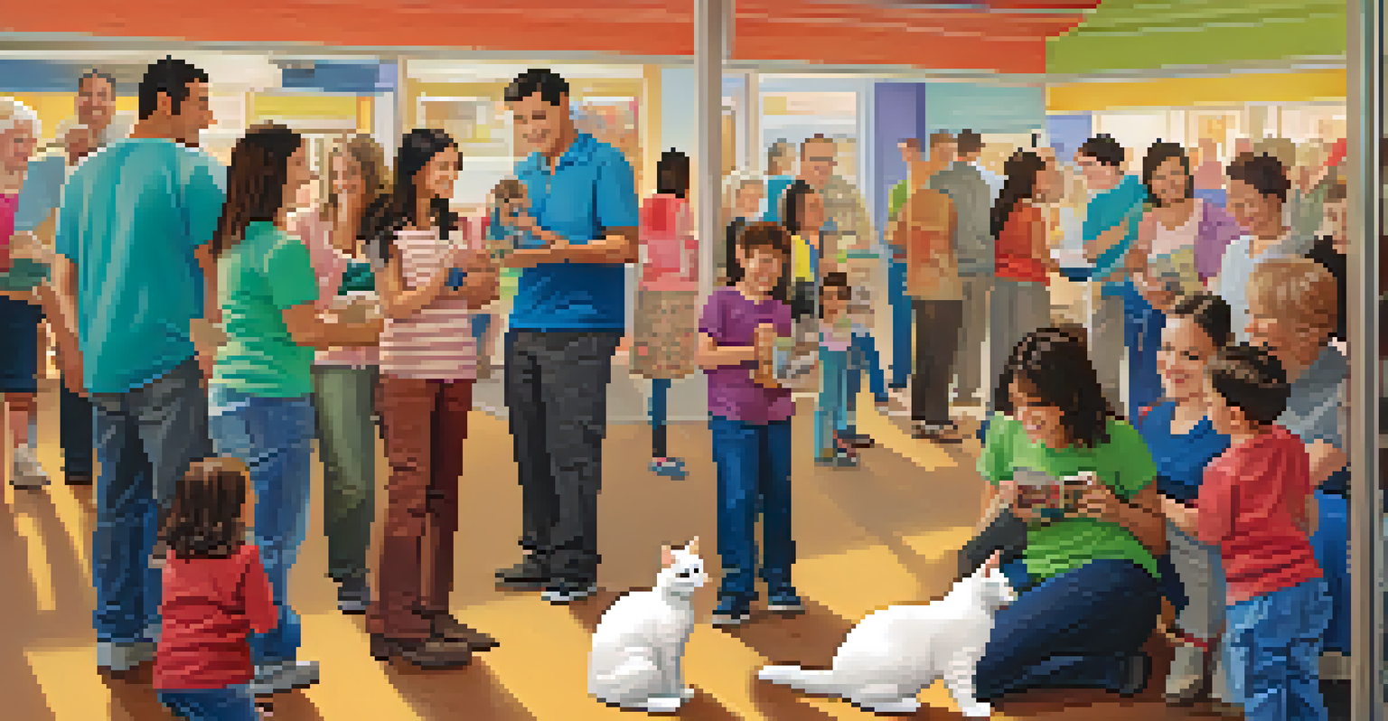 A family joyfully adopting a cat at a pet adoption event, with smiles and colorful booths in the background.