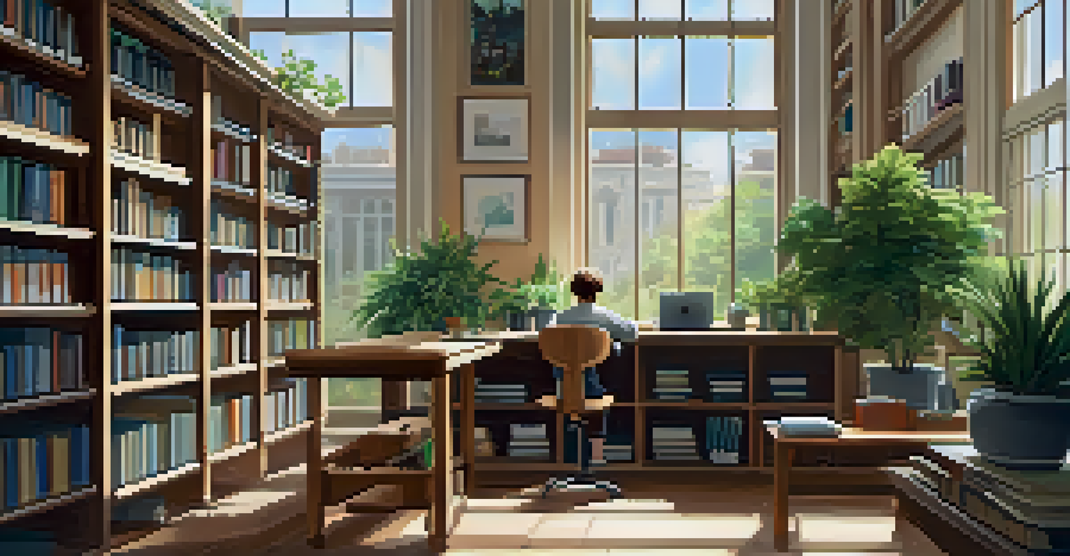 A quiet study area in a library with wooden tables, a person working on a laptop, and shelves full of books.