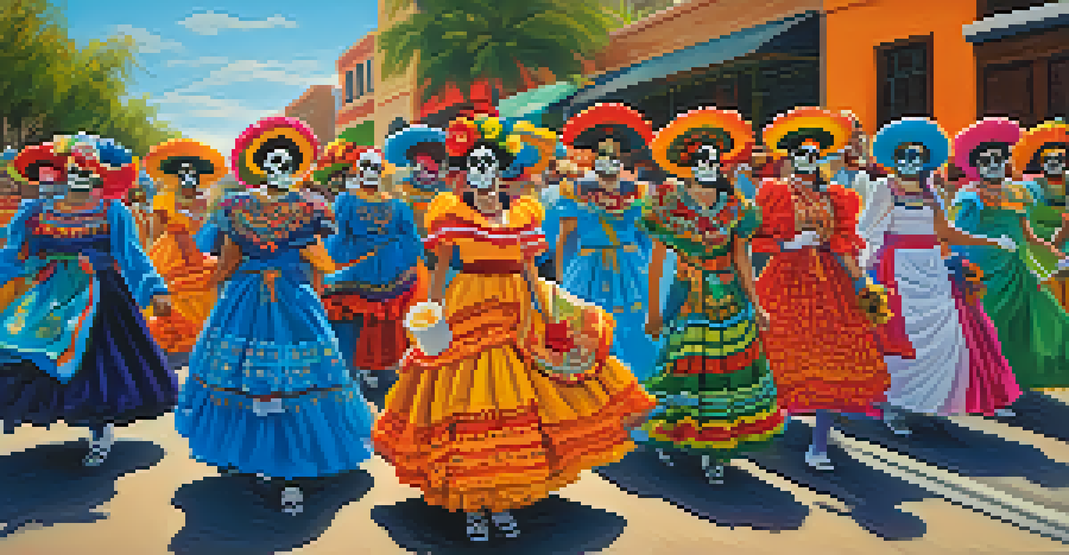 Participants in colorful attire celebrating Dia de los Muertos in a lively parade.