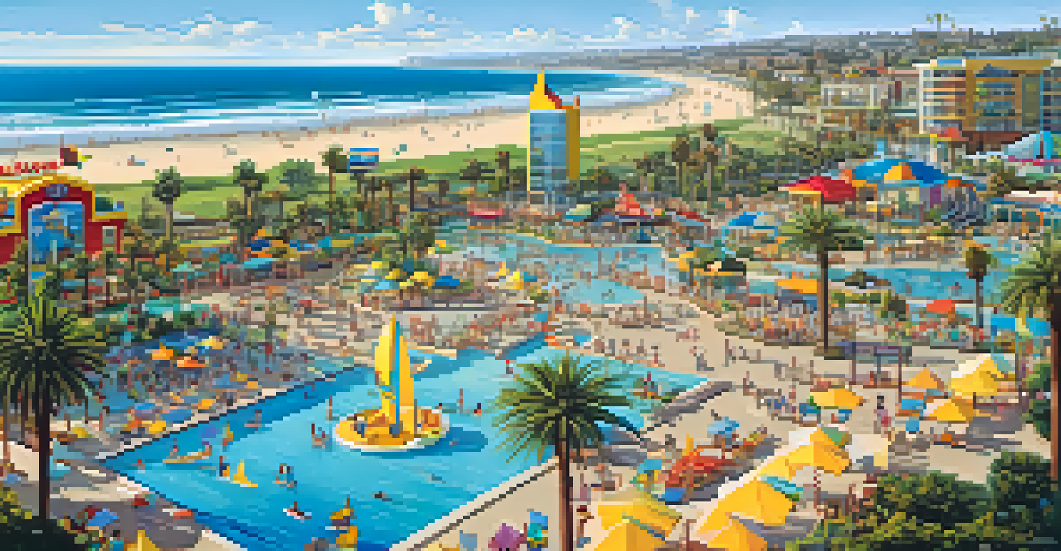 A panoramic view of modern Carlsbad showcasing its coastline and LEGOLAND California Resort, with families on the beach and lush parks in the background.