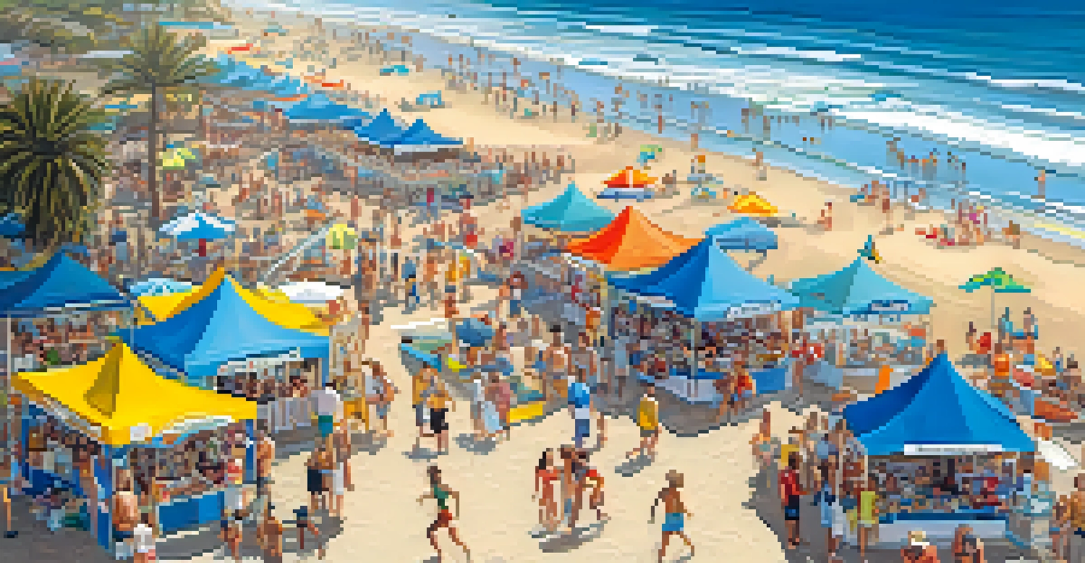Aerial view of a beach festival in Carlsbad, featuring colorful tents, people enjoying games, and the ocean in the background.