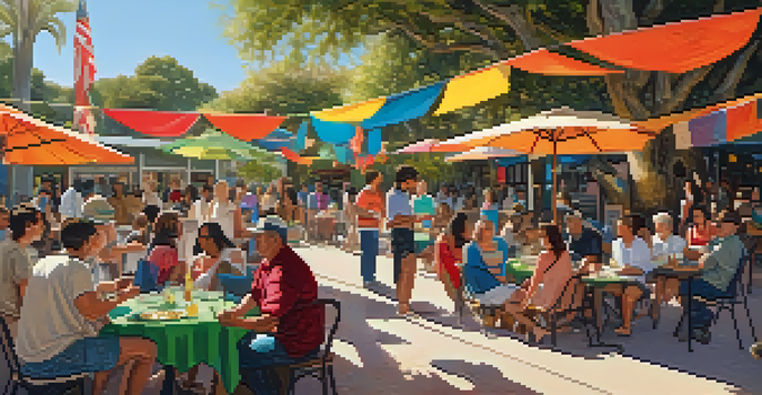 A lively community gathering in Carlsbad with diverse individuals engaged in a language exchange, surrounded by colorful banners and cultural artifacts under bright sunlight.