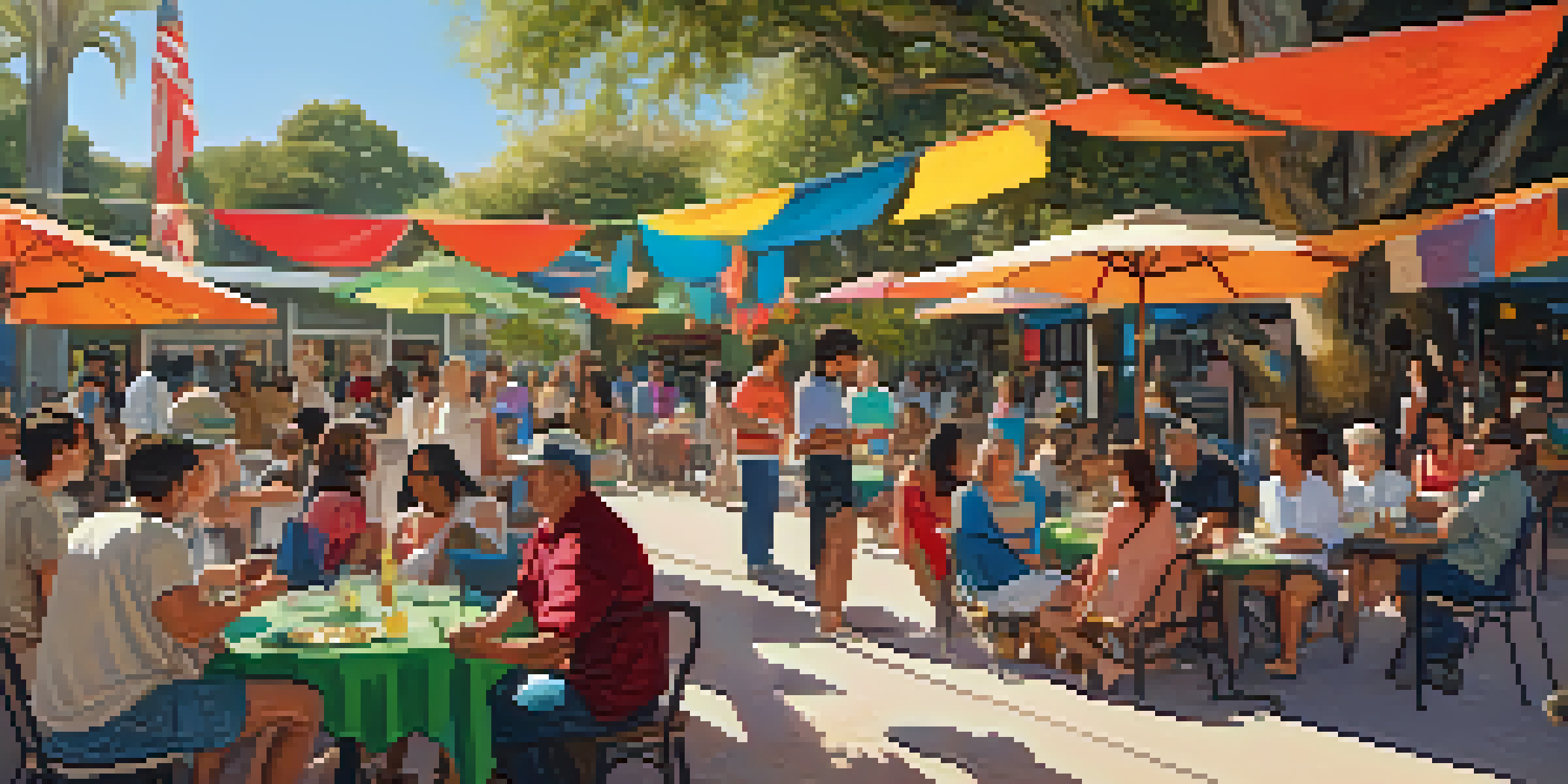 A lively community gathering in Carlsbad with diverse individuals engaged in a language exchange, surrounded by colorful banners and cultural artifacts under bright sunlight.