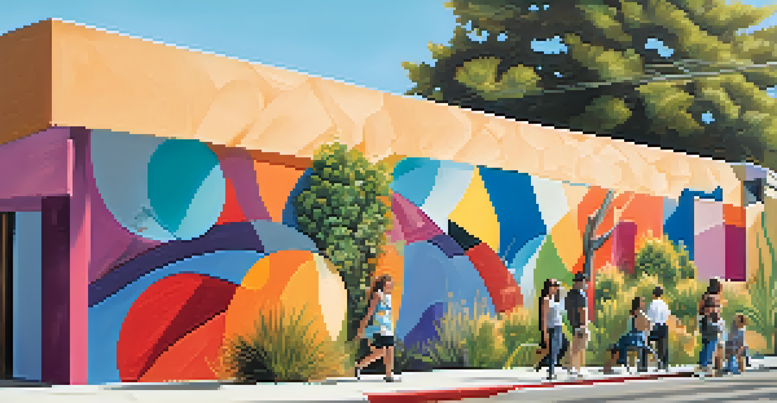 A colorful mural on a public building in Carlsbad, surrounded by plants and people admiring the artwork.