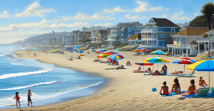 A sunny day at Carlsbad beach with families enjoying the sand and sea, colorful umbrellas, and a clear blue sky.