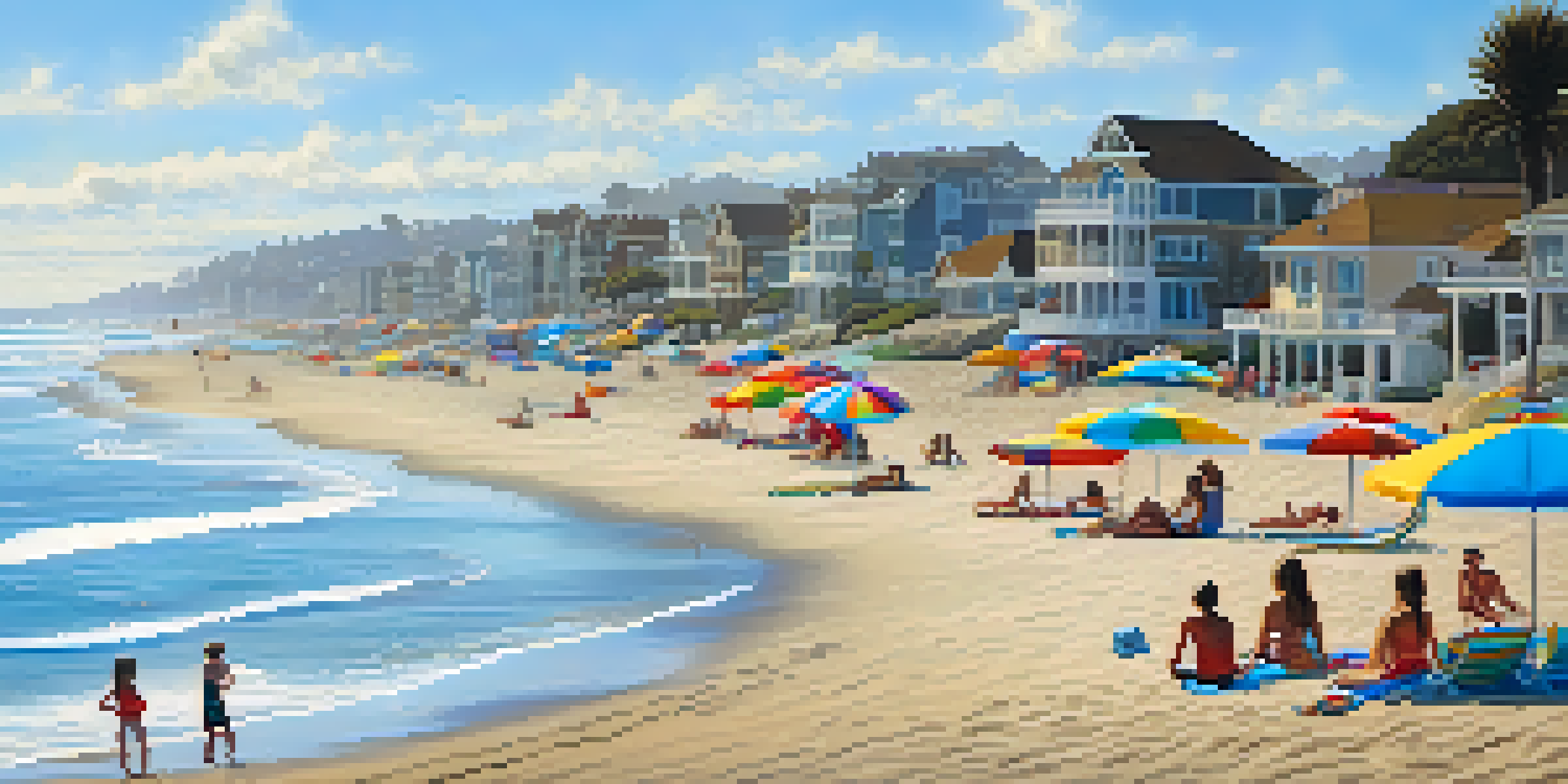 A sunny day at Carlsbad beach with families enjoying the sand and sea, colorful umbrellas, and a clear blue sky.