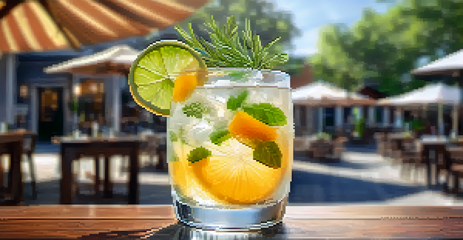 A close-up of a gin cocktail garnished with herbs and citrus on a rustic wooden table, with a lively outdoor setting in the background.