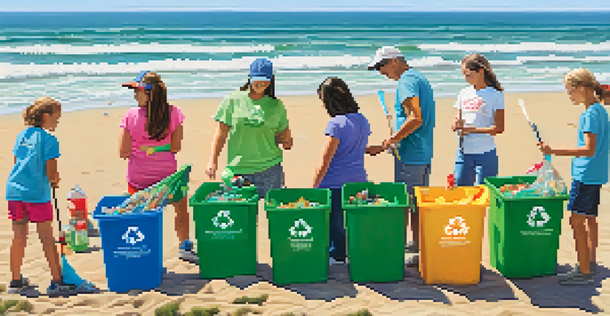 A lively beach clean-up event with diverse volunteers collecting litter, bright recycling bins, and a beautiful ocean backdrop.