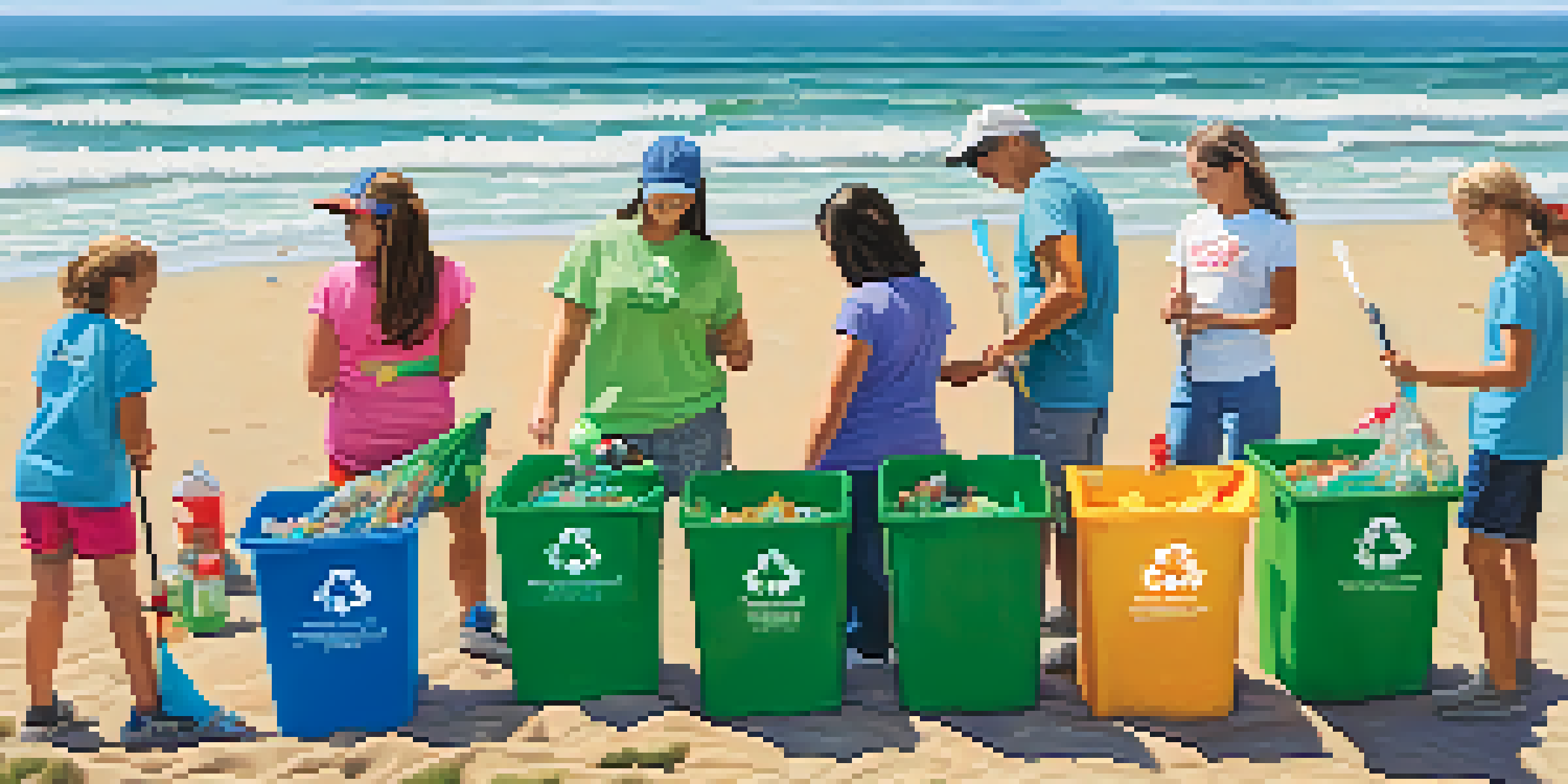A lively beach clean-up event with diverse volunteers collecting litter, bright recycling bins, and a beautiful ocean backdrop.