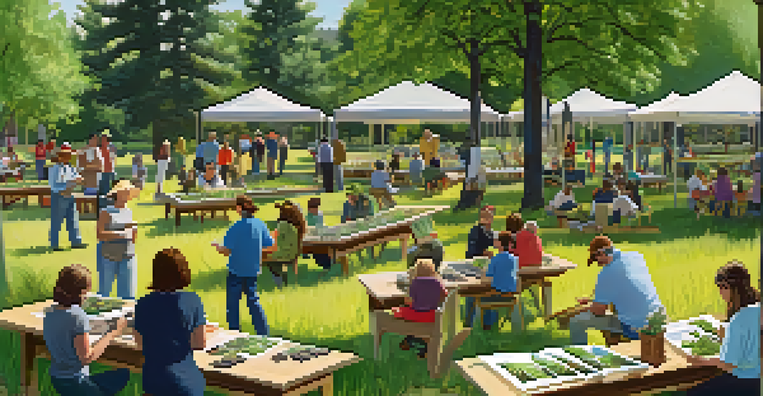 Participants in a workshop planting native plants outdoors, surrounded by gardening tools and educational materials.