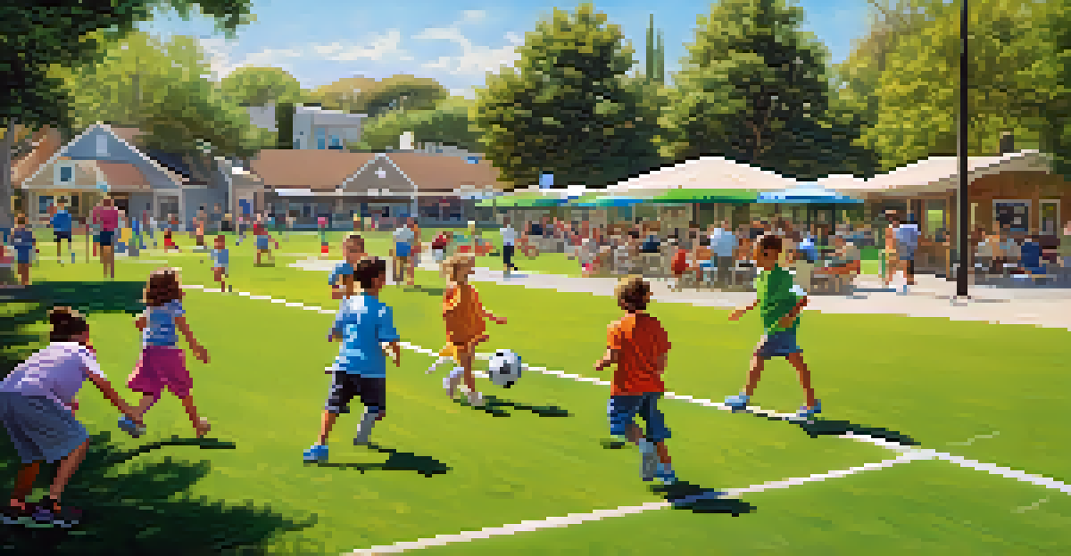 Families enjoying a sunny day of soccer at a park with lush green fields and children playing.