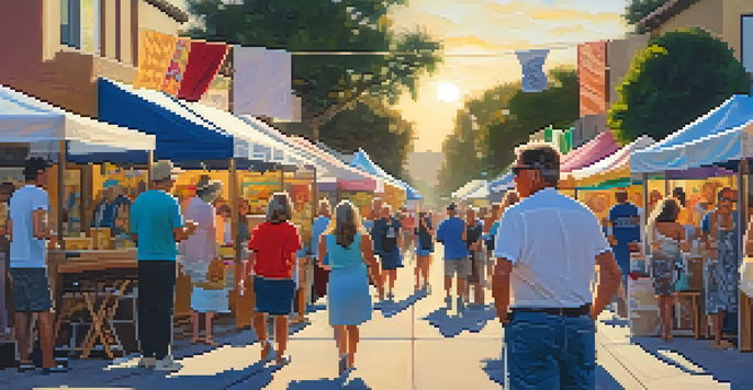 A lively street scene at the Carlsbad Art Walk, with artists displaying their work and people interacting with the art in a warm golden hour light.