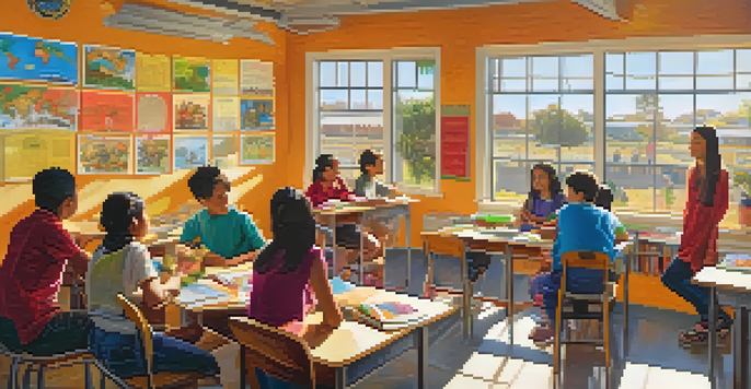 A diverse group of students in a colorful classroom sharing traditional foods and engaging in cultural exchange activities, with sunlight streaming through the windows.