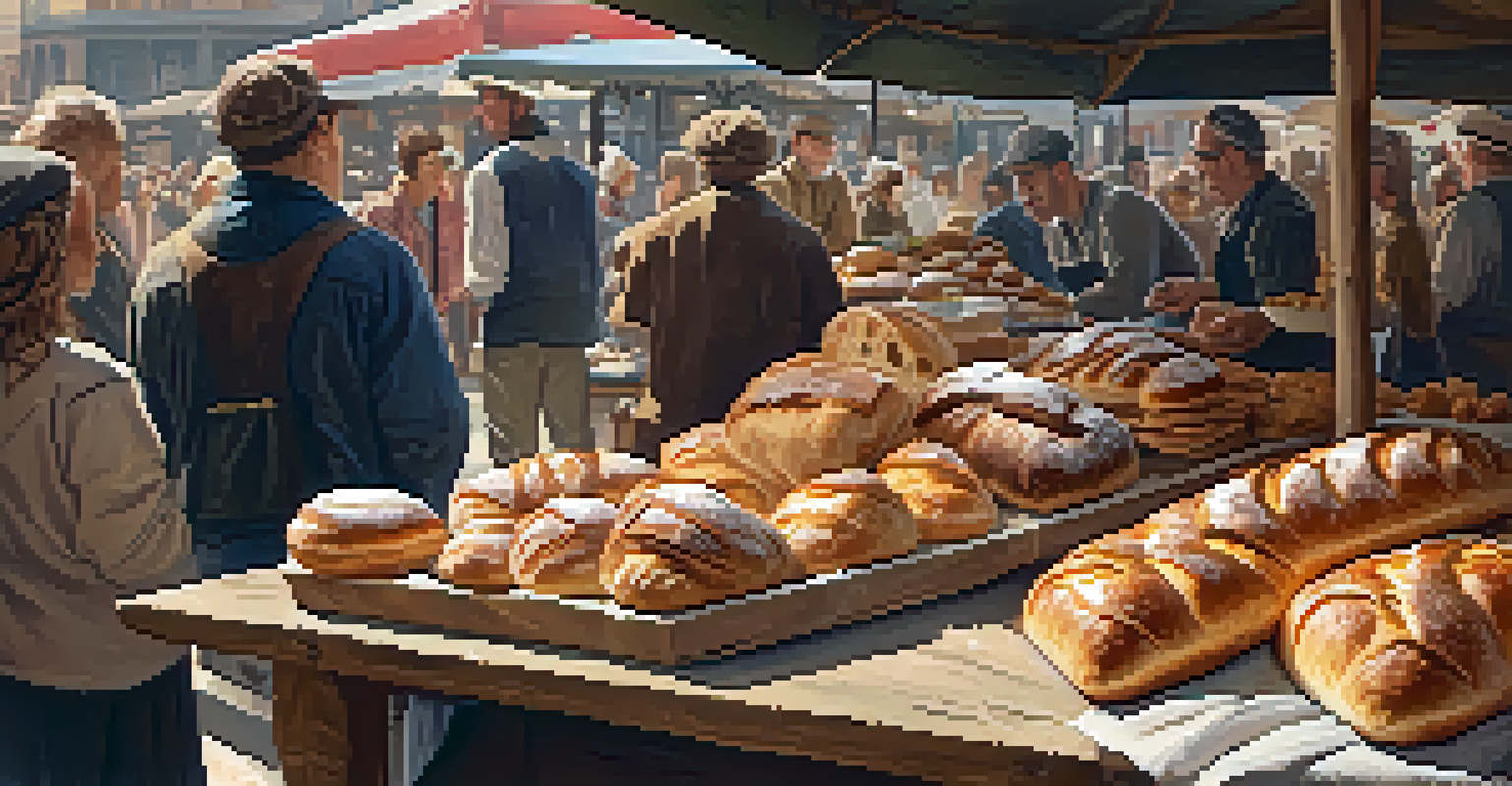 An inviting display of artisanal baked goods including sourdough bread and pastries at a market stall.