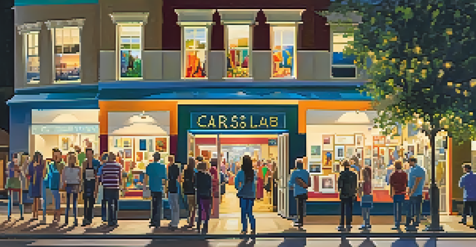 A lively street scene during Carlsbad's Gallery Nights with art lovers exploring galleries and musicians playing.
