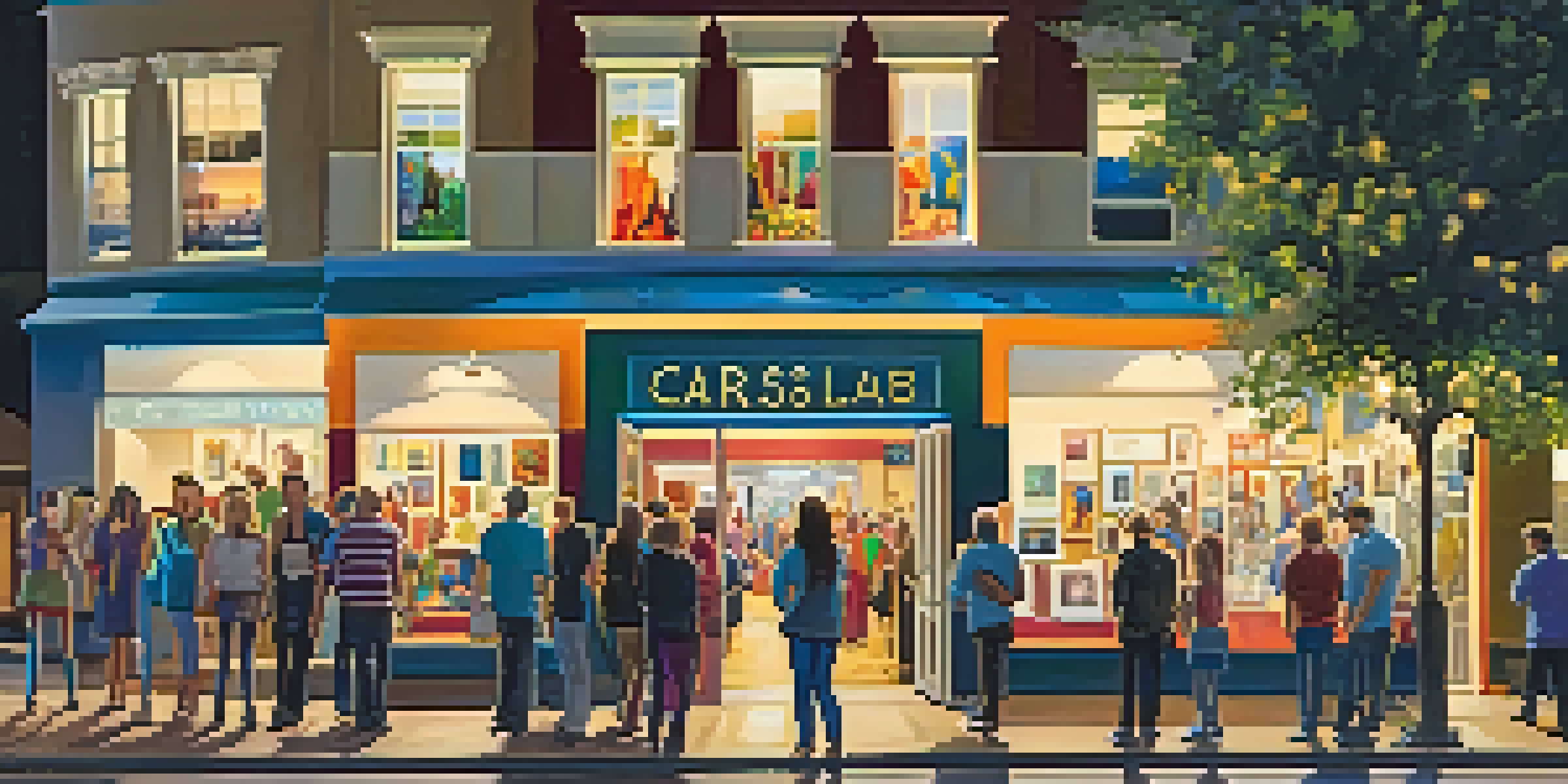 A lively street scene during Carlsbad's Gallery Nights with art lovers exploring galleries and musicians playing.