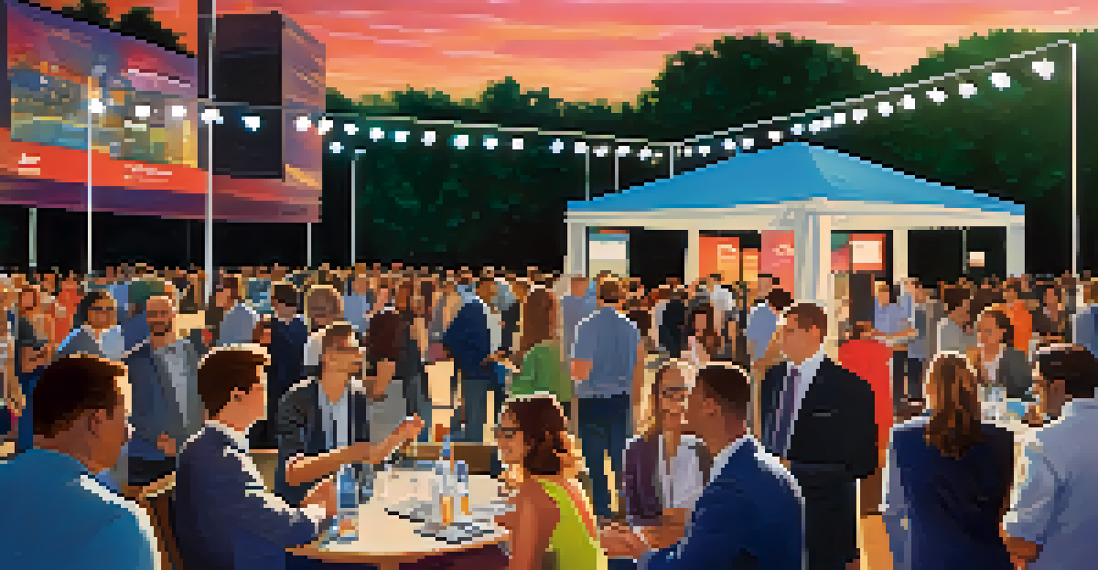 A lively tech networking event with startups showcasing their products and attendees engaging in conversations under warm evening lighting.