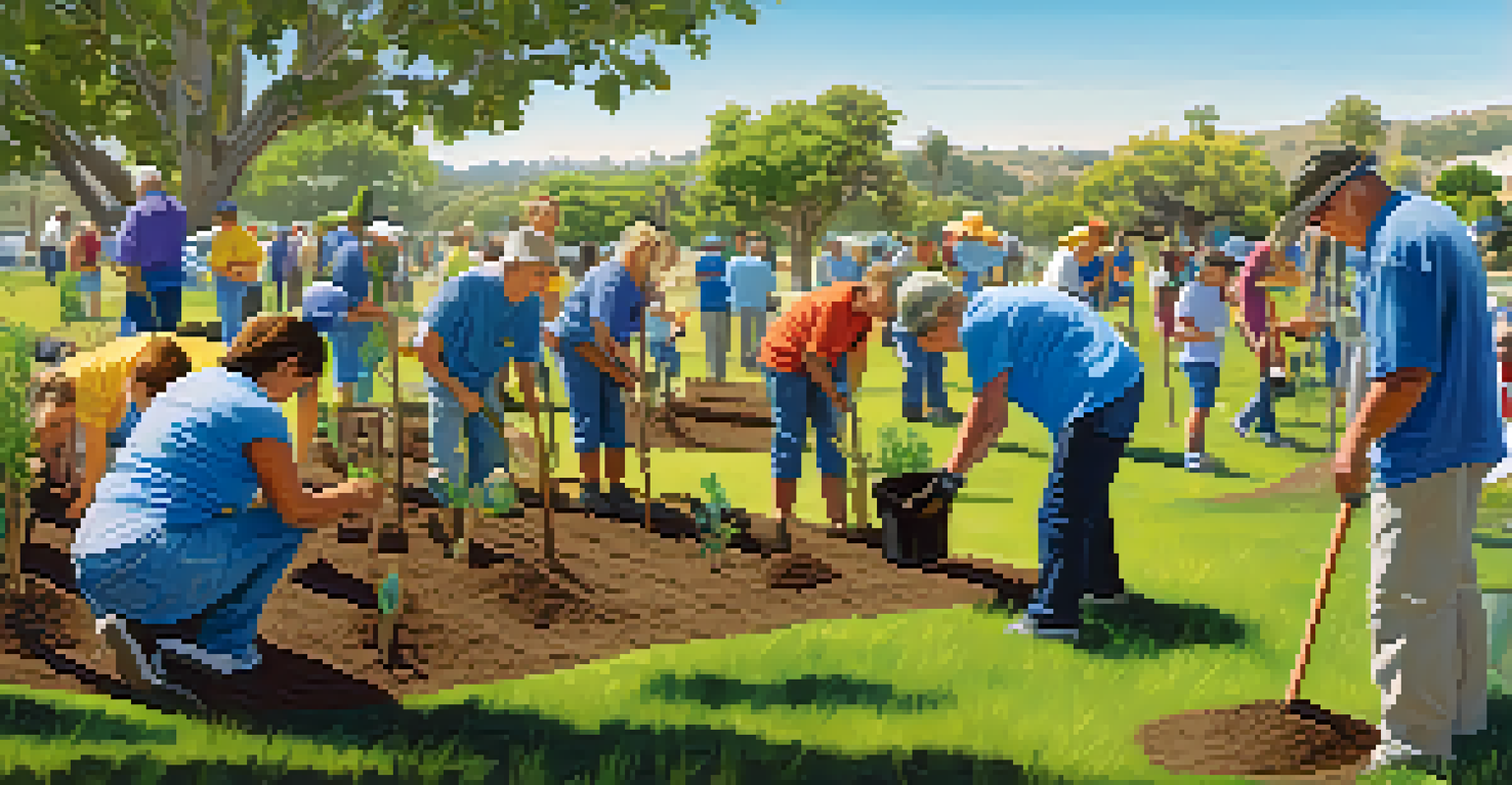 A group of community volunteers planting trees in a park, showcasing teamwork and engagement in biodiversity efforts.